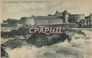 Old Postcard St. Malo Beach and Chateau