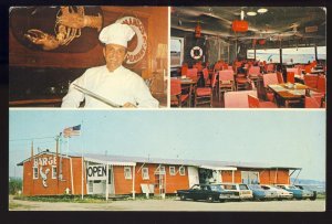 Southold, New York/NY Postcard, Seafood Barge Restaurant, 1960's Cars