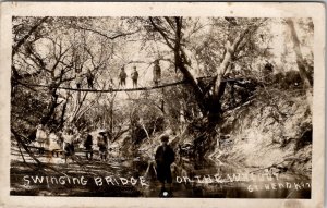 Children Swinging Bridge on the Walnut Creek Great Bend Kansas RPPC Postcard A23