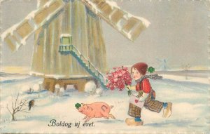 Greetings postcard Christmas snow windmill pig shamrock boy wooden shoes flowers