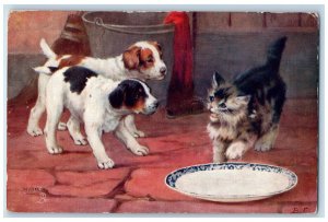 Postcard Milk Two Jack Russel Terriers and a Cat c1910 Posted Oilette Tuck Cats