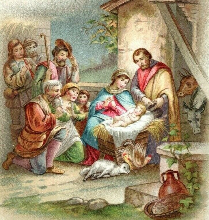 1870's-80's Victorian Christmas Card Birth Of Christ Angels Manger 7U 