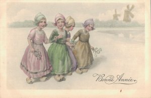 Happy New Year Vienna Style Dutch Kids Vintage Postcard 03.34