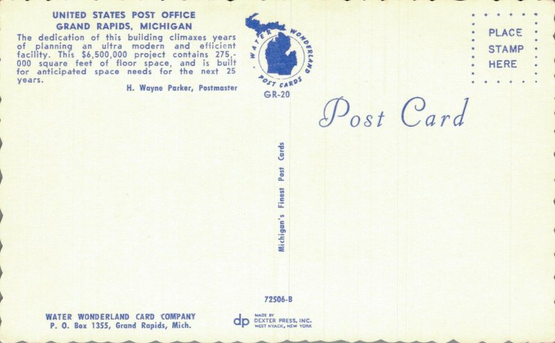 USA United States Post Office Grand Rapids Michigan Postcard 07.90