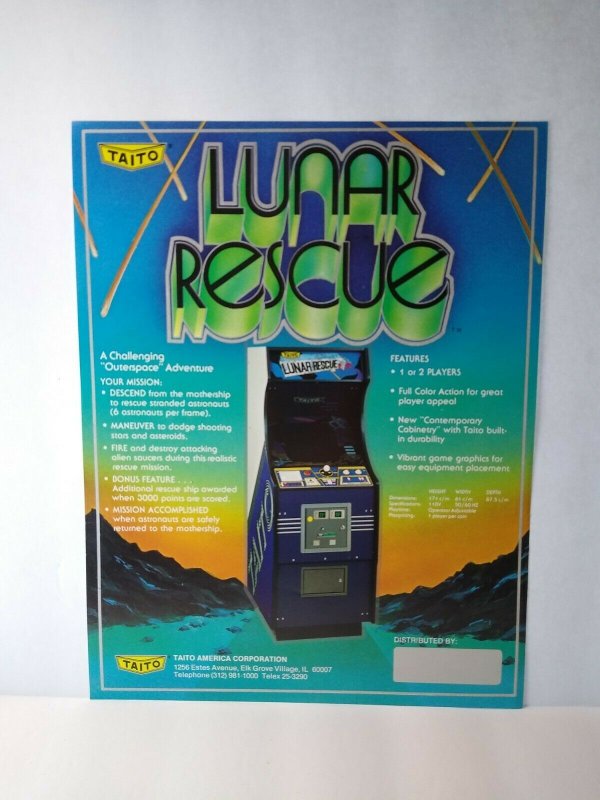 Lunar Rescue Arcade Flyer 1979 Original  Game Art Retro Classic 8.5 x 11 Retro