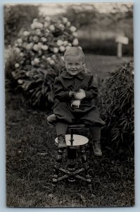 c1910's Little Boy Sitting On Stool Chair Westby WI RPPC Photo Antique Postcard