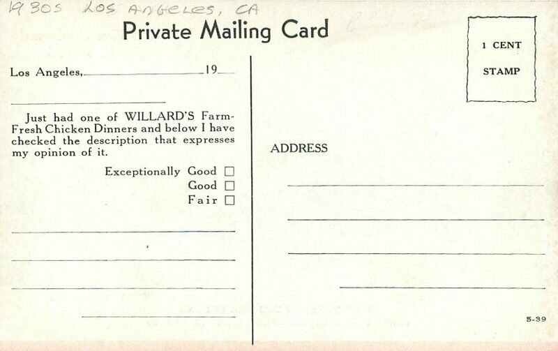 Los Angeles California Willard's Restaurant roadside Postcard 9106