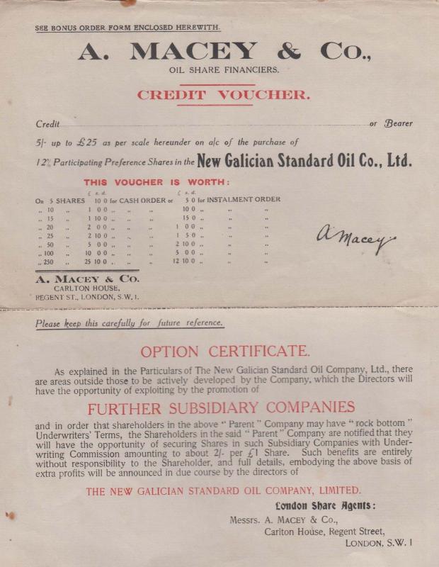 New Galican Oil Company Limited Ltd Credit Share Certificate Document Letter