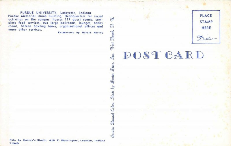 Lafayette Indiana 1950s Postcard Purdue University Memorial Union Building