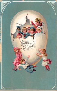 Easter Greetings, Children Bursting Out Of Giant Egg, Vintage Postcard U17937