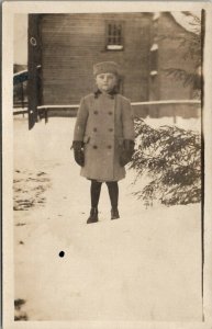 Rppc Young Boy Double Breasted Coat Tights Boots Large Gloves Snow Postcard U5
