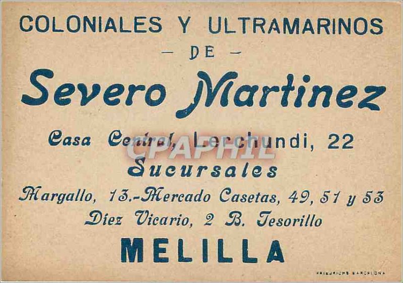 Colonial chromo there ultrmarinos Severo Martinez Melilla Montenegro