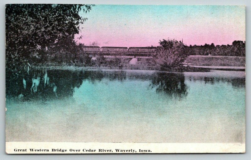 Waverly Iowa~Passenger Train~Three Cars Cross Great Western Railroad Bridge~1910 