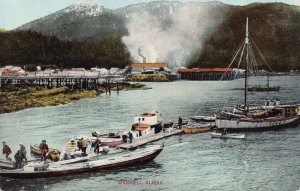 Postcard Docks, Ships, Waterfront Town View of Wrangell, Alaska~129045