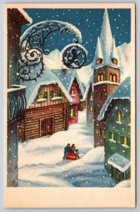 Family Going To Church,Snowy Village Scene, Vintage Italian Christmas Postcard