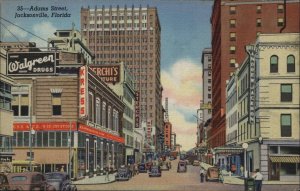 Jacksonville Florida FL Street Scene Drugstore 1930s-50s Linen Postcard