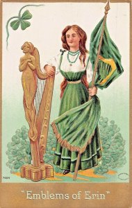 ST PATRICKS DAY~EMBLEMS OF ERIN-BEAUTIFUL WOMAN W/ FLAG~1910s EMBOSSED POSTCARD