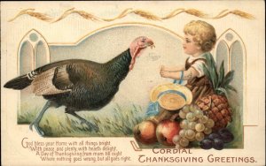 Thanksgiving Little Boy Feeds Turkey c1910 Vintage Postcard