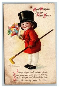Vintage 1914 Ellen Clapsaddle New Years Postcard Cute Kid with Top Hat Flowers