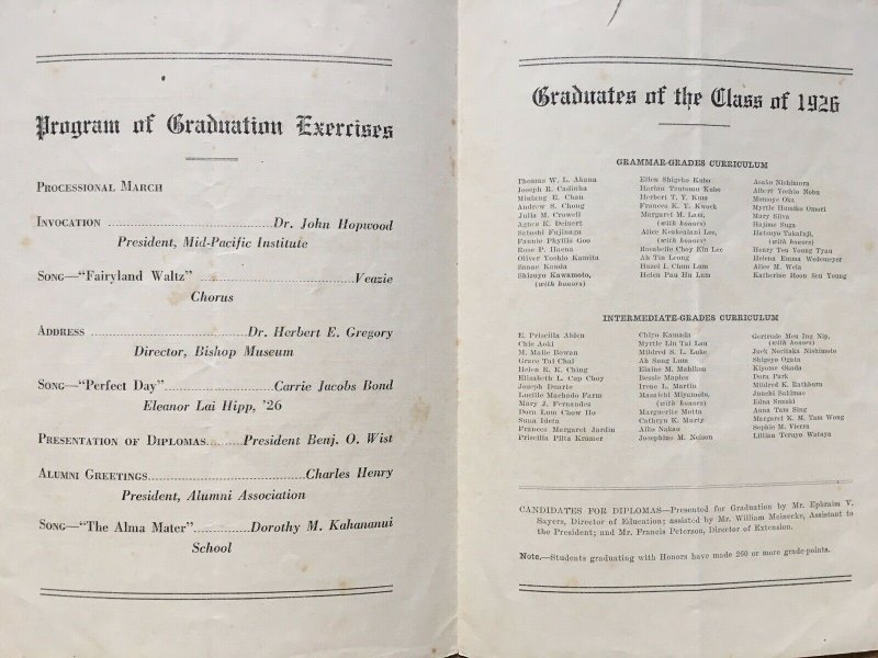 Hawaii Territorial Normal & Training School 1926 Commencement Program Huinalani