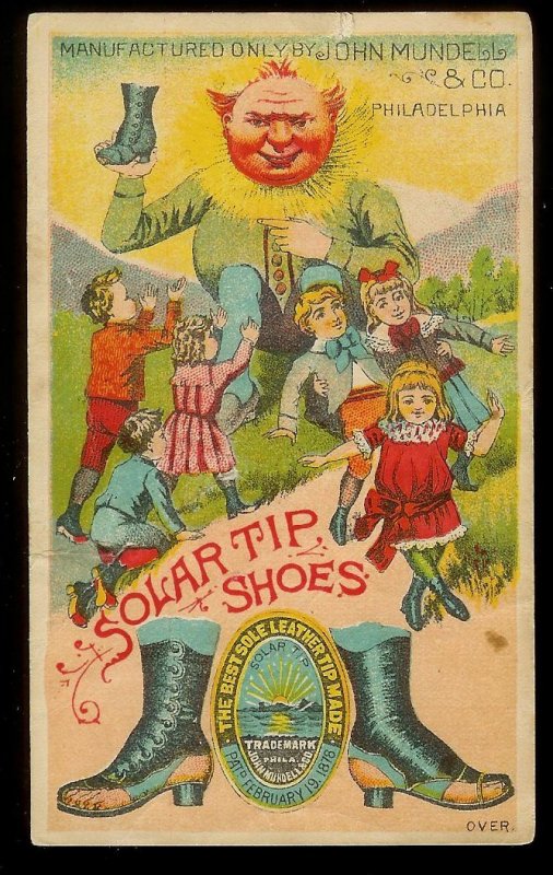 VICTORIAN TRADE CARD Mundell & Co Solar Tip Shoes Kids Playing Man w/Sun Collar