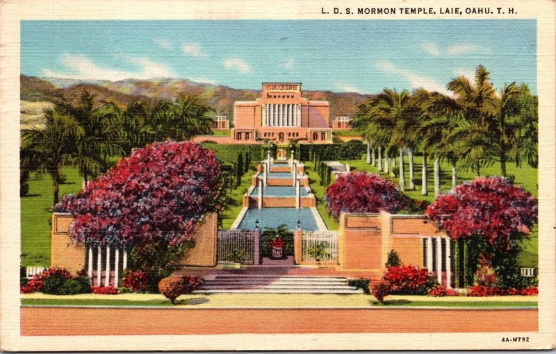 LDS Mormon Temple Laie Oahu Hawaii Streetview Religious Linen WOB Postcard