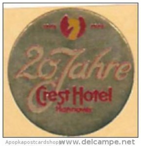 GERMANY HANNOVER CREST HOTEL VINTAGE LUGGAGE LABEL