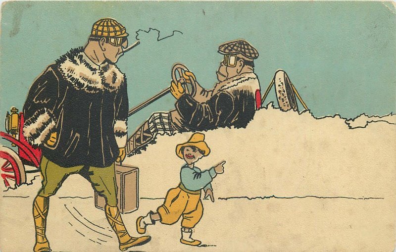 Comic snowed in driver vintage car caricature Postcard