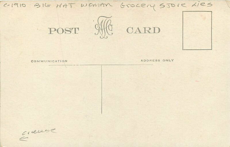 Artist impression Big Hat Woman Grocery Store lies C-1910 Postcard 20-1979