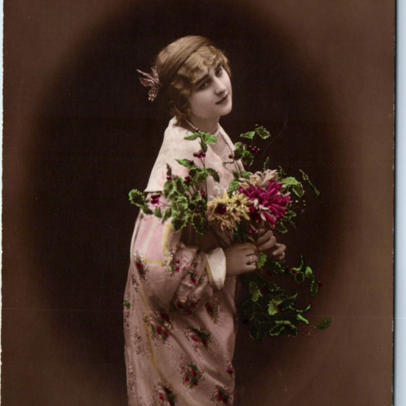 c1900s Beautiful American Young Lady Woman New Years RPPC Hand Colored Cute A136