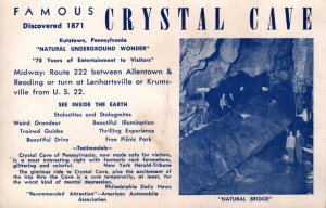 Vintage  Crystal Cave  Kutztown  Pennsylvania  Advertisement  Card