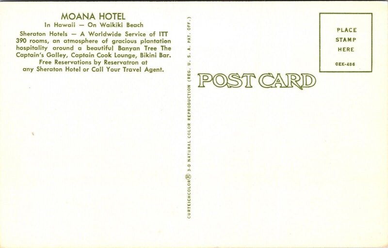 Moana Hotel Waikiki Beach Hawaii Beachfront Ocean Palm Trees Chrome Postcard 