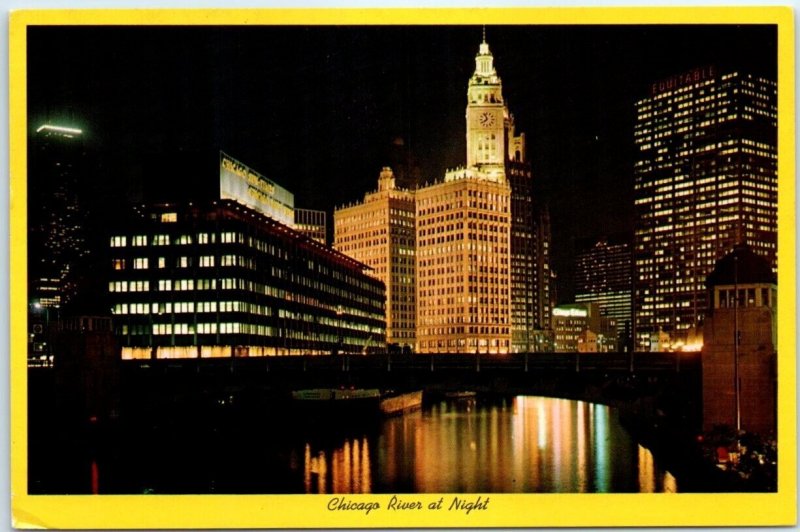Postcard - Chicago River at Night - Chicago, Illinois