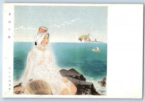 Japan Postcard Sea-Bathing Beauty Meiji Era Japanese Art c1940's Vintage