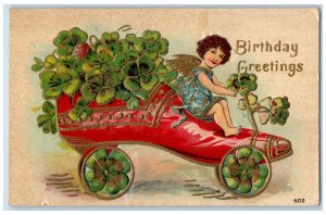 1910 Birthday Greetings Angel Riding Shoes Car Clover Rocky Ridge MD Postcard