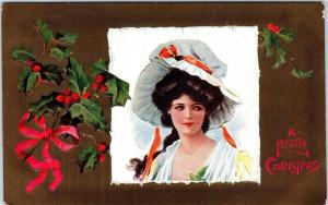 CHRISTMAS GREETING Embossed  Postcard  PRETTY WOMAN, HOLLY  1909