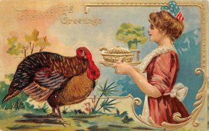 THANKSGIVING HOLIDAY WOMAN TURKEY PATRIOTIC CAP EMBOSSED POSTCARD (c. 1911)