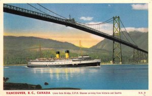 VANCOUVER, BC Canada  LIONS GATE BRIDGE~CPR Steamer Ship Underneath  Postcard