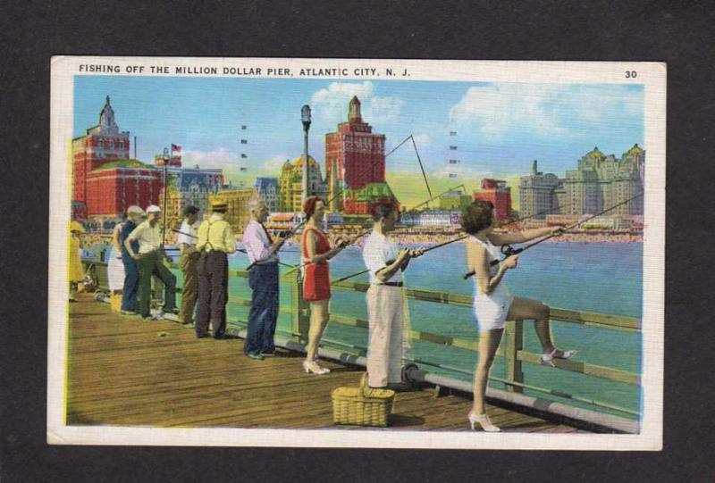 NJ Fishing Pier Men Girls Hotels Casino Atlantic City New Jersey Postcard