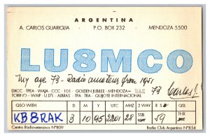 Postcard QSL CB Ham Radio Amateur Card From Mendoza Argentina LU8MCO