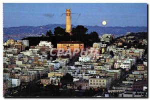 Majestic Old Postcard Coit Tower shines brightly over San Francisco was moonl...