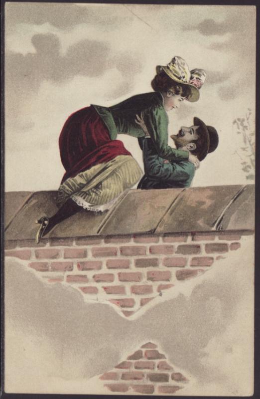 Man Talking to Woman on Wall Postcard