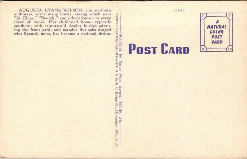 Vtg Mobile AL Georgia Cottage Augusta Evans Wilson's Childhood Home Postcard