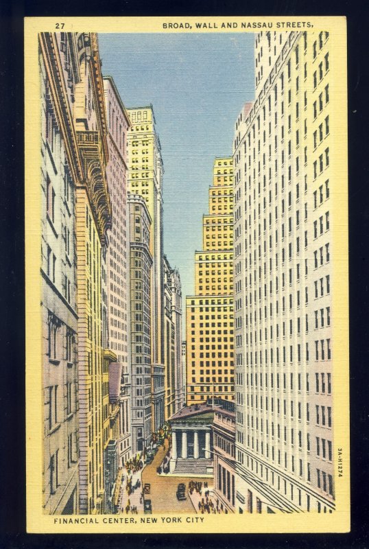 New York City, New York/NY Postcard, Broad, Wall & Nassau Streets, Financial Sec