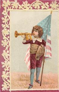 E7/ Patriotic Postcard? c1910 Boy Trumpet Flag Carrier Fancy Border 31