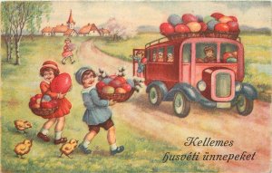 Postcard 1950s Easter Egg Bus Children artist impression 23-3338 