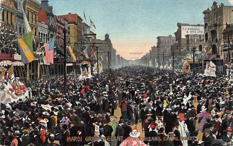 Mardi Gras Pageant, Canal Street, New Orleans, early postcard, used in 1907