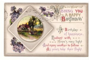 Wishing You A Happy Birthday, Rural Scene, Antique 1910 Embossed Winsch Postcard