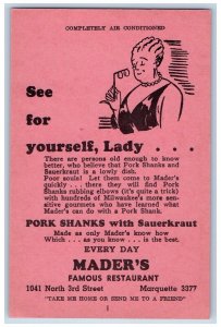 Milwaukee Wisconsin WI Postcard Pork Shanks Sauerkraut Mader's Restaurant c1940