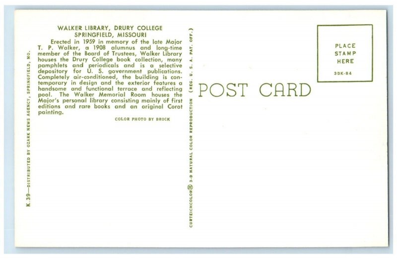 c1960 Walker Library Drury College Springfield Missouri Vintage Antique Postcard